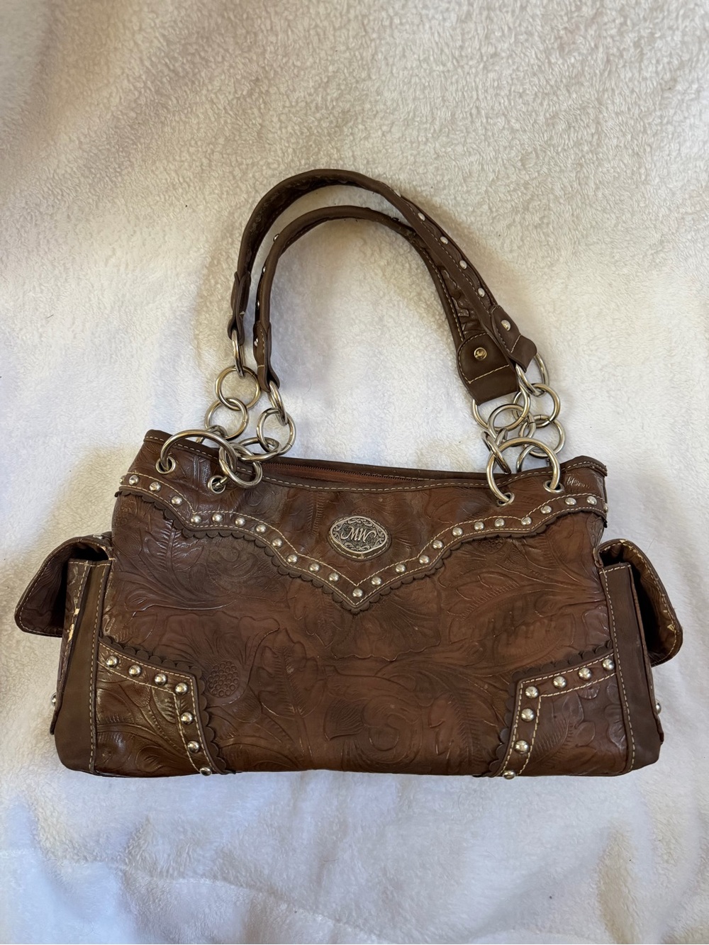 Brown Embossed Leather Tote Bag with Stud Detailing